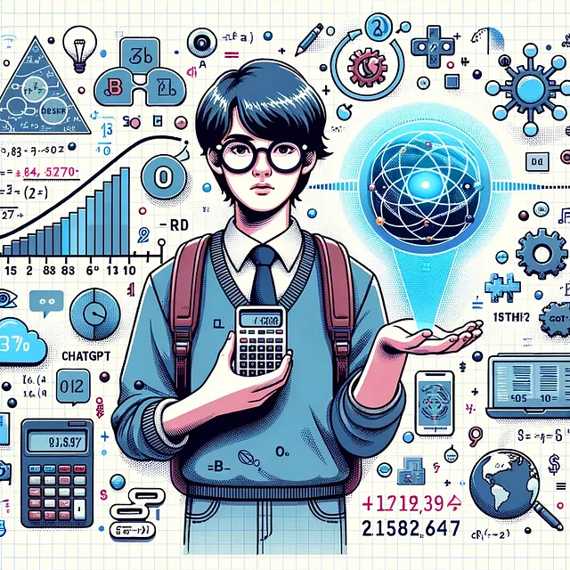 A school boy holding a pocket calculator, surrounded by math symbols and the text “ChatGPT”. The image synthesizes the beginning and the end of this virtual journey into education.